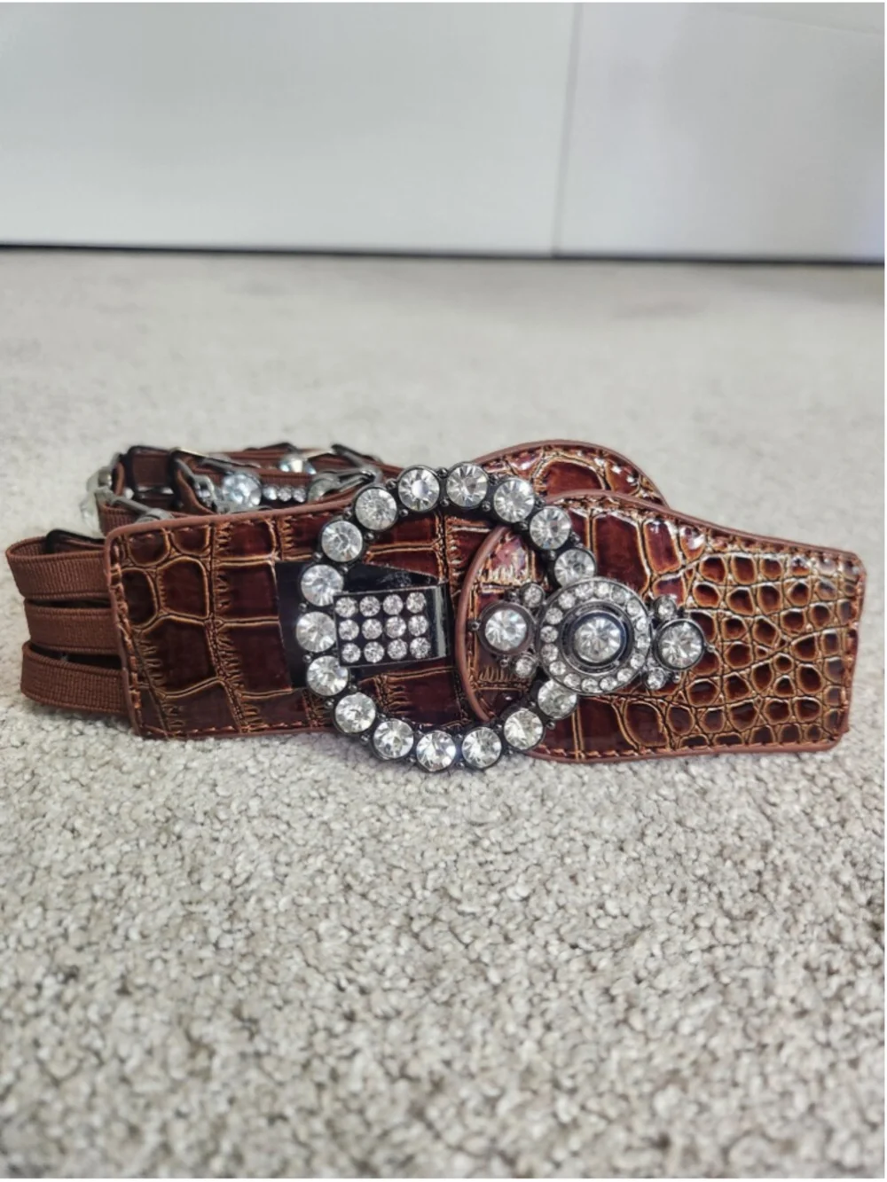 Brown Y2K Statement Belt Rhinestone Elastic Stretch Waist Belt McBling 2000s